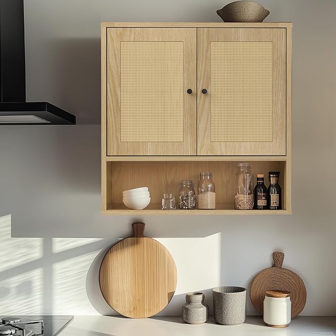 Wall Mounted Rattan Cabinet | Boho Medicine Cabinet for Bathroom | 3-Tier Storage with Doors | for Kitchen, Living Room, Over Toilet Storage | 23.2"x7.68"x24" Natural Rattan（Oak）