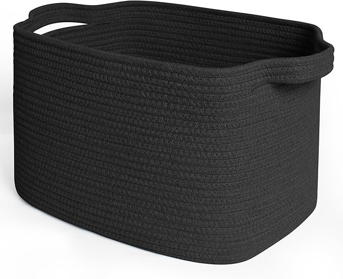 Black Woven Storage Basket - 15"x9"x11" Cotton Rope Basket for Organizing Shoes, Toys, Books, Towels, Rectangular Decorative Dog Toy Bin Box, Wicker Storage Bin for Entryway, Shelf, Gift Use