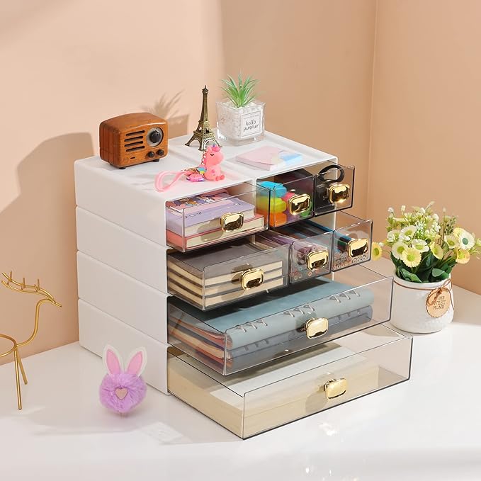 Spacious Desktop Storage Box, 2 Large Storage Drawers, Stackable Office Desk Drawer Organizer and Accessories, Printer Paper Organizer, White Plastic Drawers for Workspace
