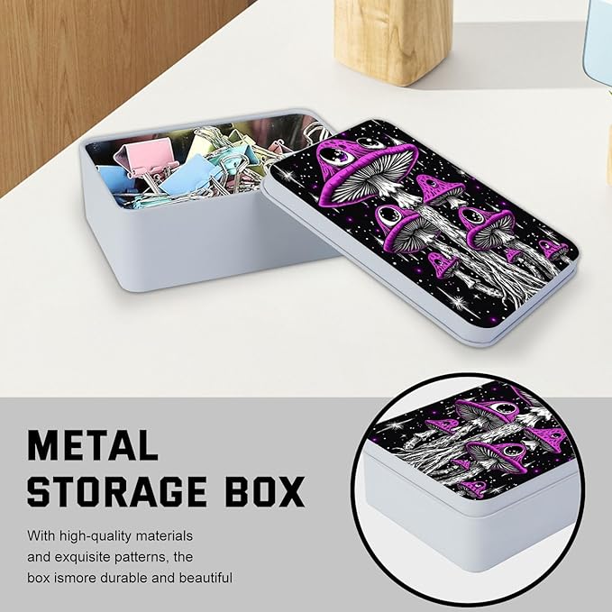 Metal Tin Box with Lid,Multi-functional Storage Box Can Store Tea Biscuits Game Cards, Playing & Tarot Cards-Comes with 4 Magnetic Cord Clips,Psychedelic Purple Mushrooms