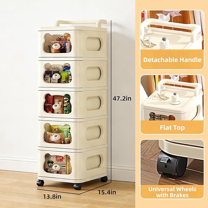 Drawer Storage Organizer, Rolling Storage Cart with 5 Drawers, Plastic Drawer Tower Organization Storage Container with Wheels for Home, Bathroom, Kitchen, Entryway, Office, Dorm