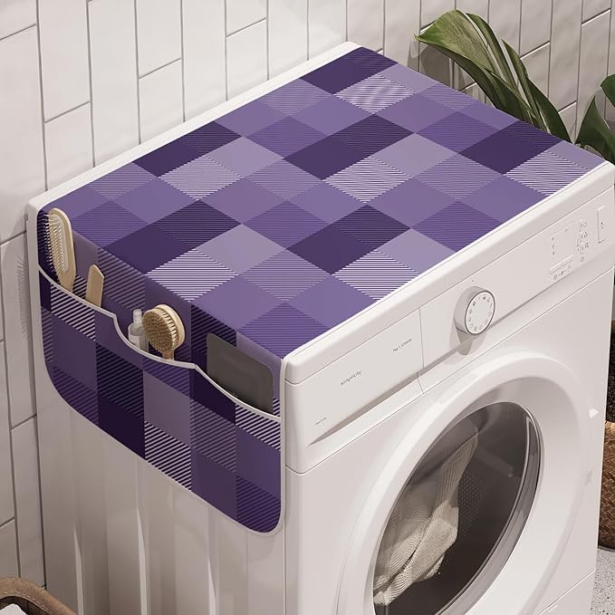 Ambesonne Abstract Washing Machine Organizer Pack of 2, Plaid Print Stripe Details a Monochrome Layout, Anti-Slip Cover for Washers Dryers, 47" x 18.5", Purple Quartz