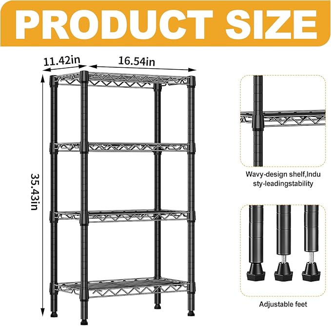 Heavy Duty Stainless Steel Kitchen Storage Rack, Adjustable Shelf Organizer with Non-Slip Mats, Black, for Cabinets, Countertops, Pantries (4-Tier Rack)