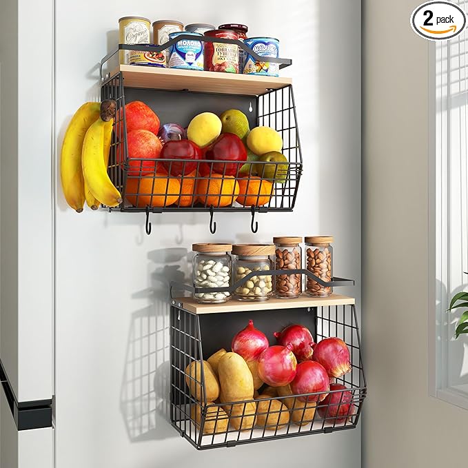 Magnetic Shelf for Fridge with Wood Lid, 2 Tier Fruit Baskets Wall Mounted Hanging Basket with 4 Hanger Hooks, Potato and Onion Magnetic Storage Bins for Kitchen Counter, Refrigerator, Cabinet