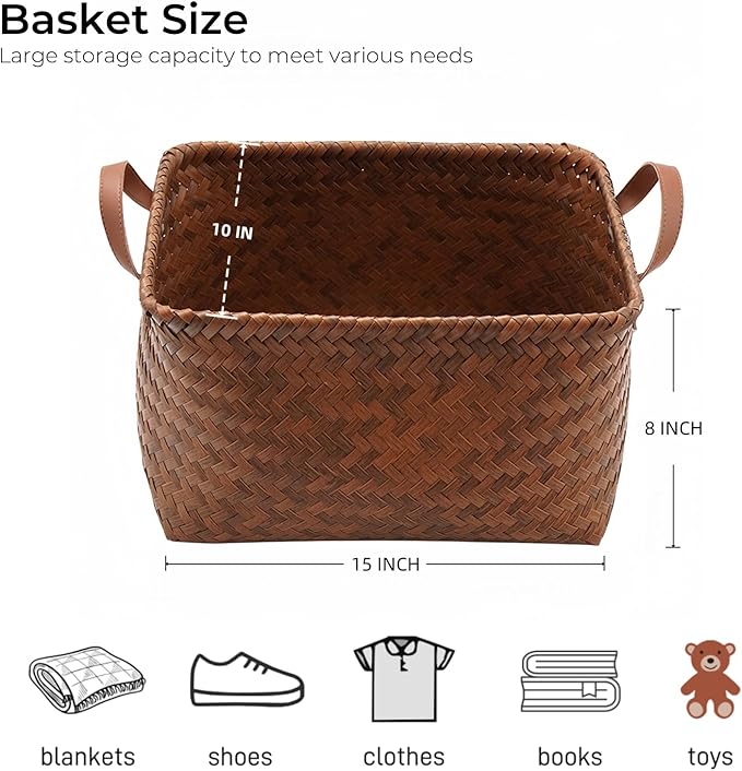 GIB Wicker Storage Baskets for Shelves, Woven Laundry Basket for Organizing Clothes Blanket Basket, Decorative Rectangular Closet Organizers Storage Bins with Handles, Brown, 4 Pack