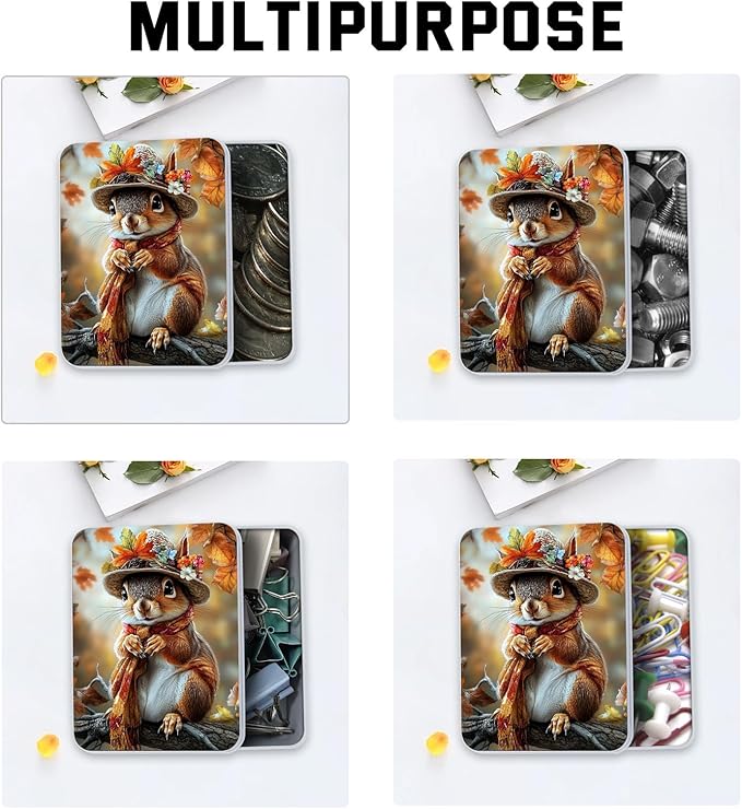 Metal Tin Box with Lid,Multi-functional Storage Large Box Can Store Tea Biscuits Game Cards, Playing & Tarot Cards-Comes with 4 Magnetic Cord Clips,Cute Squirrel Wearing Hat