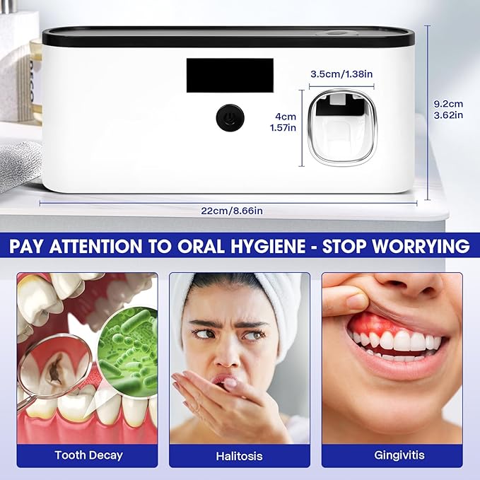 Punch-Free Wall Mounted Bathroom Toothbrush Holder, 5 Toothbrush Slots, Bathroom Toothbrush Sterilizer with Toothpaste Dispenser USB Charging Toothbrush Holder (White)