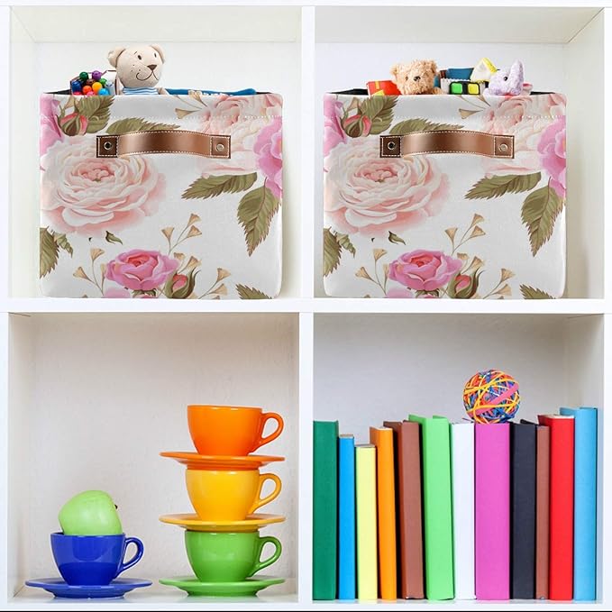 susiyo Large Foldable Storage Bin, Floral Pink Roses Fabric Storage Baskets for Shelves, Closet Organizer Bins, Decorative Baskets Clothes Storage Bin with PU Handles -2Pack