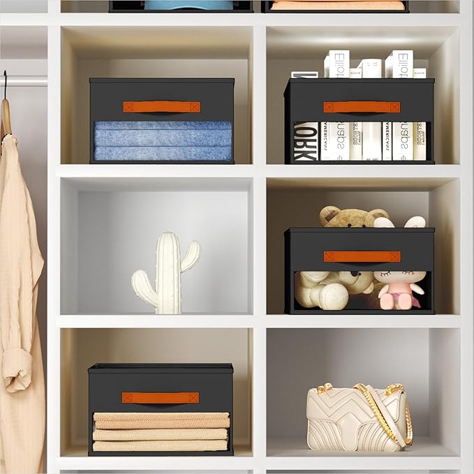 Drawer Organizers and Storage - 6 Pack Foldable Pants Organizer with Clear Window & Handles, Fabric Closet Organizer for Clothes, Jeans, Sweaters, Towels, T-shirt, Scarf (Black)