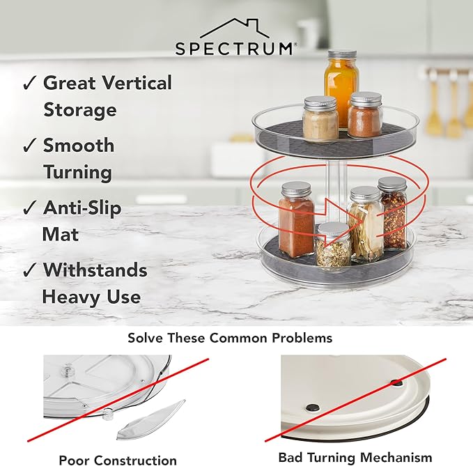 Spectrum 2 Tier Lazy Susan Hexa Kitchen Organizer Charcoal Gray Two Shelf Spinning Rotating Turntable for Deep Cabinet Countertop Refrigerator Pantry Table Under Sink Spice Rack Storage 9.25 Inch