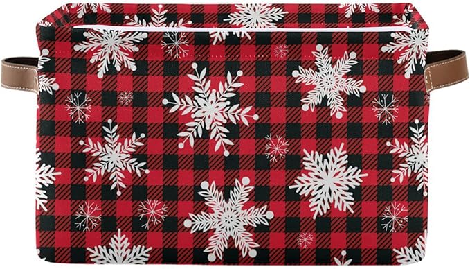 Bolaz Large Storage Basket Christmas Snowflake Plaid Foldable Storage Box Organizer Bins with Handles for Bedroom Home Office