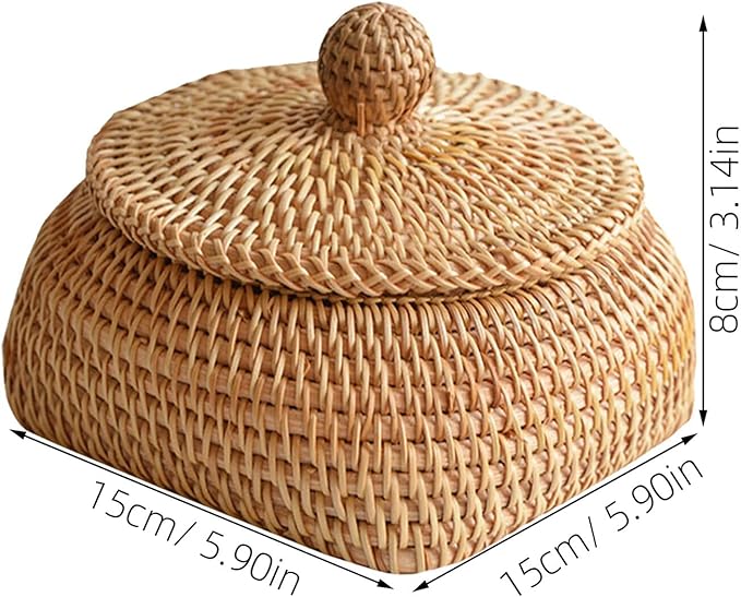 STOBAZA Small Round Remote Control Storage Box Woven Rattan Basket with Lid 3.15X4.33X3.15 Inches Compact Desktop Organizer for Living Room Coffee Table Sundries
