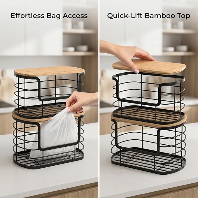 Multi-Purpose Trash Bag Holder & Stackable Kitchen Storage Organization Bins, 2-Pack Protective Wire Basket with Natural Fiber Top, Versatile Garbage Bag Dispenser Under Sink