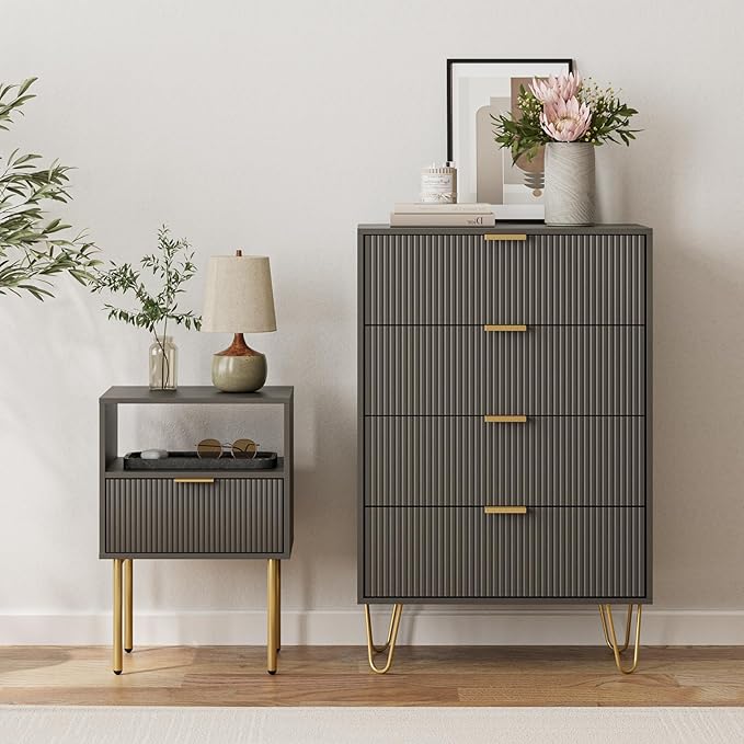 Masupu 4 Drawer Dresser, Drawer Chest, Tall Storage Dresser Chest Cabinet Organizer Unit with Gold Metal Legs, Nightstand for Bedroom, Living Room, Closet, Hallway Gray Stripe