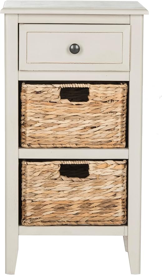 SAFAVIEH Home Collection â Everly Vintage Grey 3-Drawer Side Table with Woven Basket Storage, Fully Assembled Farmhouse Accent Table (AMH5743D)