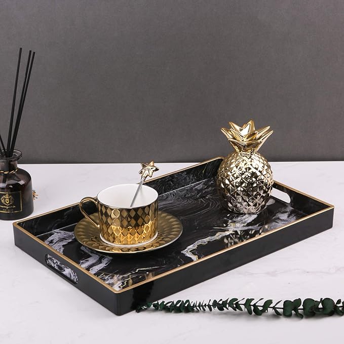 Zosenley Decorative Tray, Marbling Plastic Tray with Handles, Rectangular Vanity Tray and Serving Tray for Bathroom, Kitchen, Ottoman and Coffee Table, 15.6â x 10.2â, Black