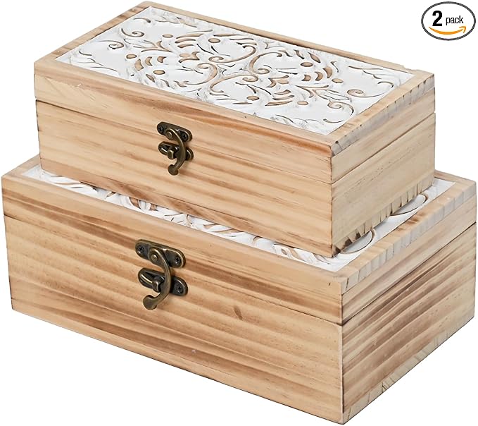 Wooden Storage Box Set of 2 - Hand Carved Floral Decorative Boxes with Hinged Lids - Solid Pine Keepsake Organizer for Jewelry, Photos, and Rustic Farmhouse Home Décor