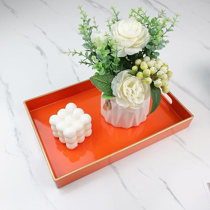Spsyrine Orange Bathroom Vanity Tray with Handles for Dresser Tops, Countertop, Perfume Decorative Tray, 11.8â * 7.87â *1.37â