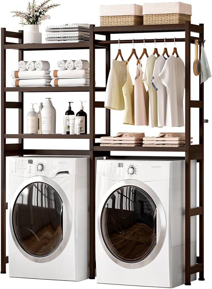 Over The Washer and Dryer Storage Shelf Bamboo,5 Tiers Laundry Room Drying Rack with Adjustable Shelves and 4 Hooks,Space Saver Organizer for Hanging Clothes and Towels (Brown)