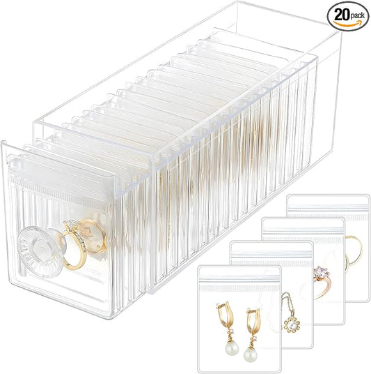 Clear Acrylic Jewelry Organizer Box with 20 Portable Pouches, Jewelry Storage Case for Women Girls, Tangle-Free, Anti-Tarnish, Compact Storage for Necklaces/Earrings/Rings, Upgraded Clear