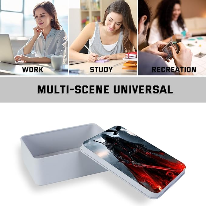 Metal Tin Box with Lid,Multi-functional Storage Box Can Store Tea Biscuits Game Cards, Playing & Tarot Cards-Comes with 4 Magnetic Cord Clips,Dark Warrior with Red Sword