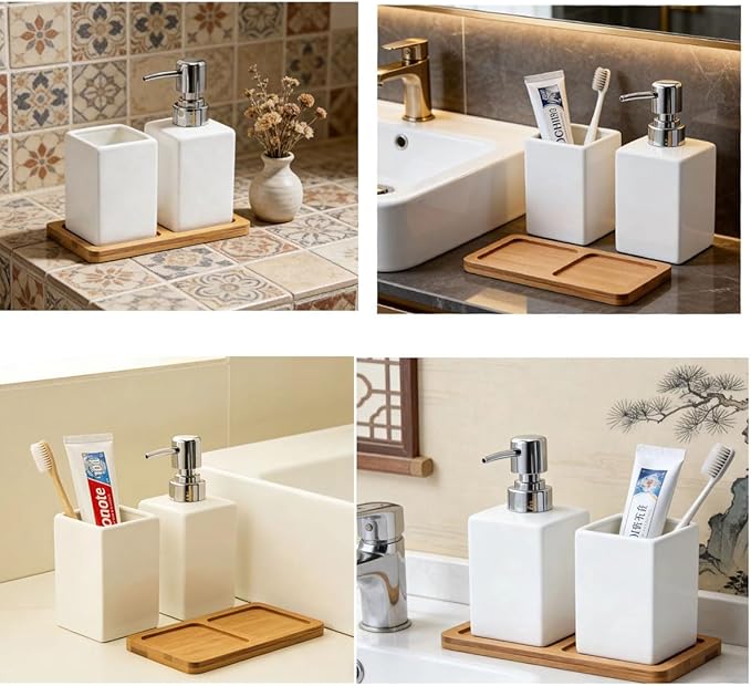 White Soap Dispenser and Toothbrush Holder with Tray,Ceramic Bathroom Accessories Set Modern Square Countertop Bath Set,Liquid Soap Dispenser,Tumbler Cup,Wooden Vanity Tray
