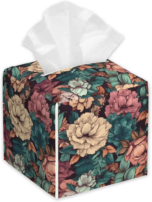 Romantic Big Flower Tissue Box Cover Square,Tissue Box Holder with Belt Bottom,Stylish Leather Napkin Holder for Vanity Countertop,Nightstands,Office Desk,5.2"Ã5.2"Ã5.2"