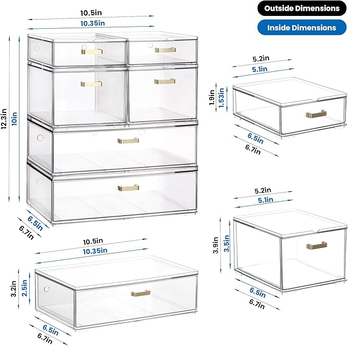 Stackable Storage Drawers, 6 Pack Clear Acrylic Organizer Bins with Golden Handles, Multi-Size Plastic Drawers for Makeup, Vanity, Kitchen, Bathroom, Office, Pantry Organization and Storage