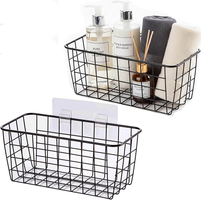 2 Set Adhesive Hanging Wall Basket Inside Cabinet Door Organizer,Wall Storage Basket-No Drilling Adhesive wall Basket for Cupboard Door,Space-Saving Small Hanging Baskets for Wall Mount Storage,Black