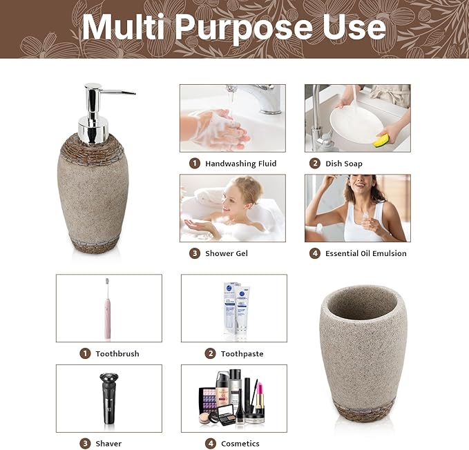 4 PCS Resin Bathroom Accessory Set, Soap Dispenser with Chrome Pump, Toothbrush Holder, Tumbler and Soap Dish, Bathroom Sink Set for Home Decor (Simple Retro)