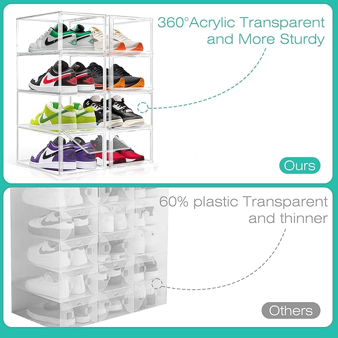 1 Pack Drop-Front Clear Shoe Storage Box Acrylic Box Shoe Organizer Size 12, Stackable Shoe Cases with Magnetic Door Storage Cubbies for Sneaker Containers Boot Display & Closet Organization