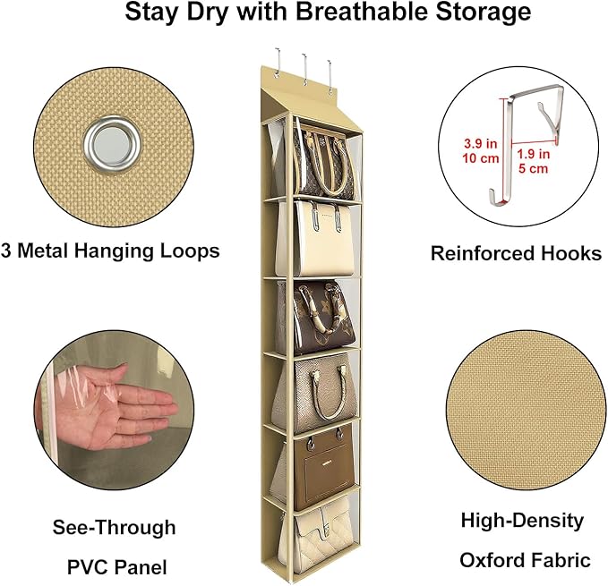 Lirex Over The Door Purse Organizer & Purse Shelf for Closet – Handbag Storage Organizer with Purse Hanger. Perfect for Scarves, Hats, and Leggings. S (11.8'' x 5'' x 51.6''), Khaki
