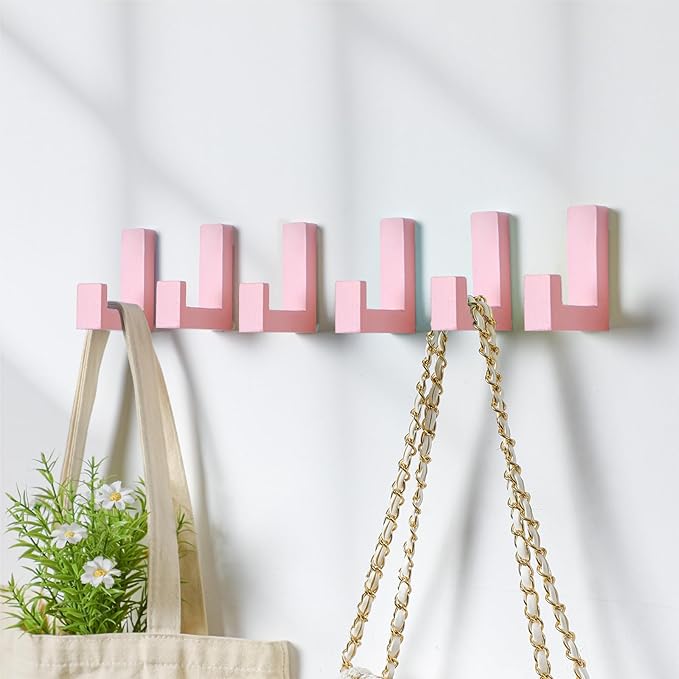 6 Pack Cute Kids Coat Wall Hooks Wooden Adhesive Decorative Colorful Wall Mounted Hangers Backpack Hooks for Hanging Keys Towel Clothes Bathroom Organization(Pink)