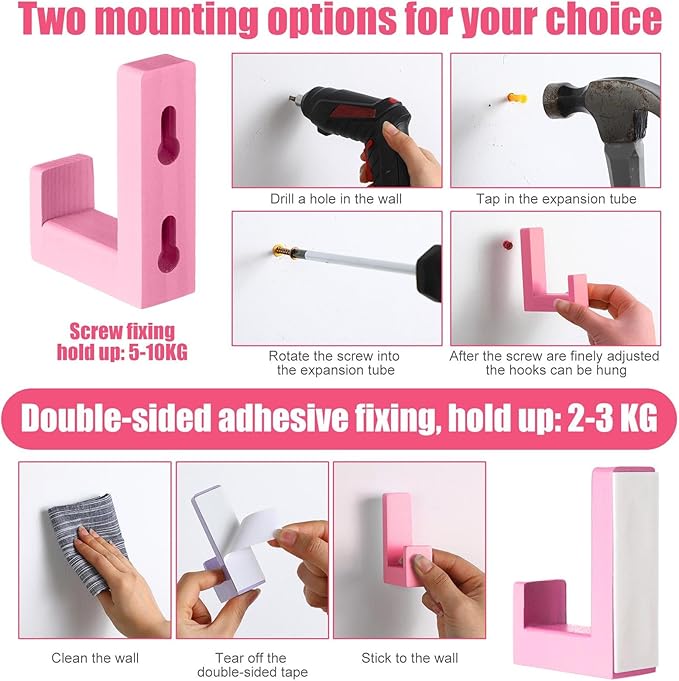 6 Pack Cute Kids Coat Wall Hooks Wooden Adhesive Decorative Colorful Wall Mounted Hangers Backpack Hooks for Hanging Keys Towel Clothes Bathroom Organization(Pink Mixed Color)