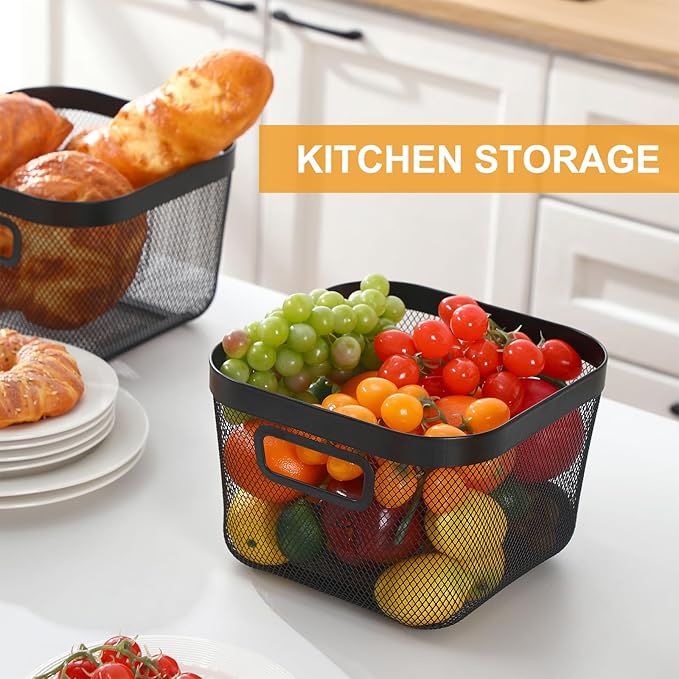 6 Pack Metal Mesh Basket with Hollow Handles Black Wire Storage Bin for Organizing Stackable Metal Fine Mesh Basket for Pantry Bathroom Kitchen Cabinets Shelves (Medium)