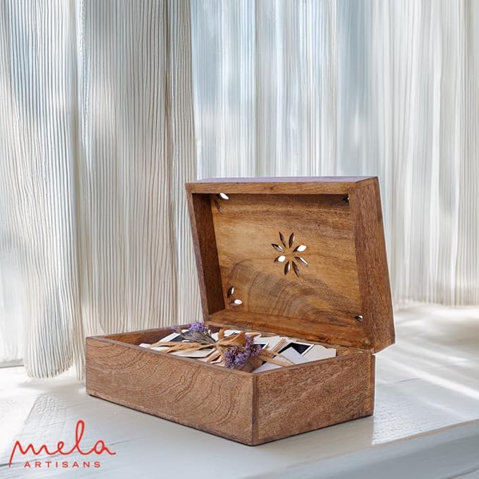 Mela Artisans Wooden Keepsake Box | Burnt Mango Wood Memory | Photo Storage Box with Hinged Lid | Decorative Storage Box | Large | 9x6x3.5 Inch