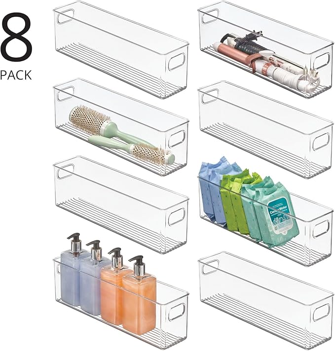 mDesign Plastic Bathroom Storage Container Bins w/ Handles - Closet, Cabinet, Vanity, Cupboard Shelf Organization, Hair Tools Accessory Organizer - Ligne Collection; Clear, â5x3.75x16 (Pack of 8)