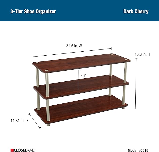 ClosetMaid 3-Tier Shelf Organizer Unit for Shoes, Accessories, Hats, Purses, Bags, in Entryway or Closet, Wood Shelves with Metal Frame, Cherry