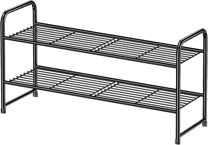 Shoe Rack 2 Tier, Metal Shoe Storage Organizer Shelf for Closet, Stackble & Adjustable, Black