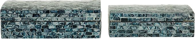 Deco 79 Wood Handmade Decorative Box Decorative Keepsake Boxes with Hinged Lid, Set of 2 Storage Boxes 11", 10"W, Blue