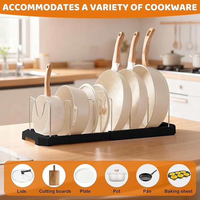 Expandable Pot Rack Organizer, 12 Adjustable Compartments, Pot and Pan Organizer Rack for Cabinet with Cup Brush Dividers, 13 -22" Wide Adjustable Pan Organizer - Pantry Countertop Storage (Black)