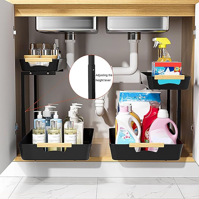 Under Sink Organizers and Storage, 2 Tier Pull Out Bathroom Cabinet Organizer with Sliding Drawer, Height Adjustable Under Sink Storage for Kitchen Bathroom Cabinet Black