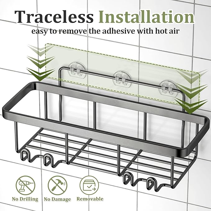 Adhesive Shower Caddy,5 Pack Rustproof Stainless Steel Bathroom Organizers and Storage,Large Capacity Bathroom Shower Organizer,No Drilling Shelves for Storage & Home Decor,Black