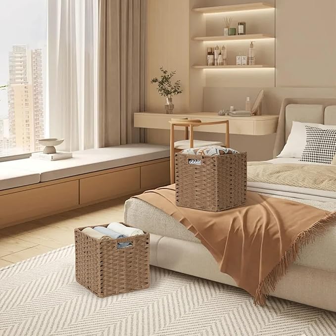 DULLEMELO Wicker Storage Baskets 11x11 Storage Cube Bins Foldable Plastic Cubby Baskets for Shelves Set of 2 Waterproof Woven Storage Bins for Organizing Pantry,Closet,Toys - Brown
