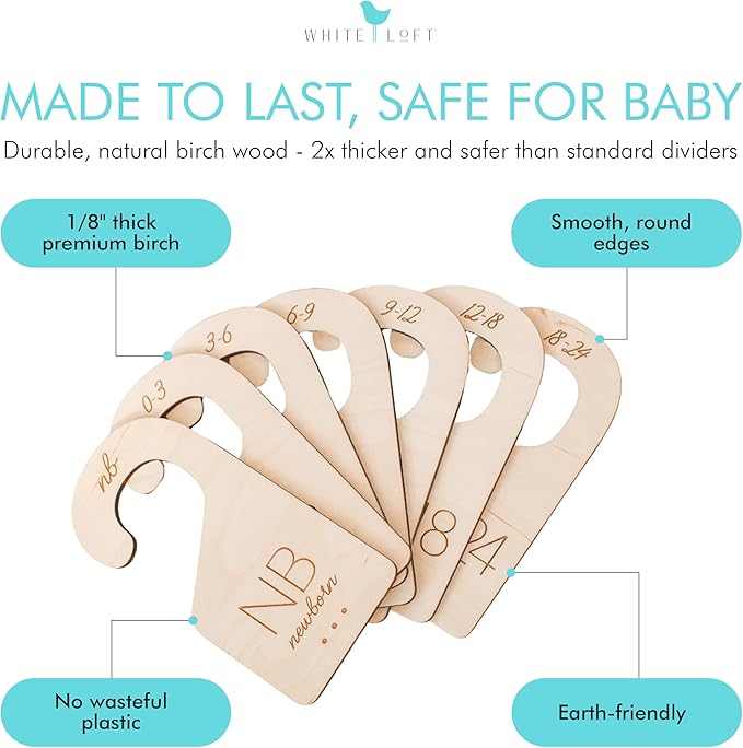 Baby Clothes Organizer – Baby Clothes Dividers for Closet – Wood Size Dividers for Newborn to 24 Months, Nursery Organizer, Large 1in Letter Size (Set of 7)