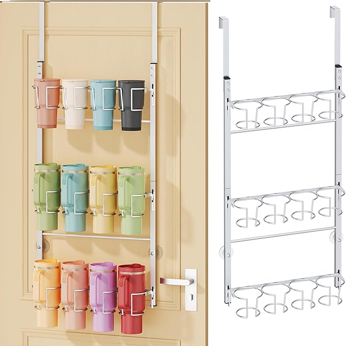 SWTYMIKI 3-Tier Water Bottle Organizer – Over the Door Stanley Cup Holder, Cup Organizer for Door or Wall Mount Option, Stanley Accessories for Pantry, Dorm, Office, RV Use, Silver