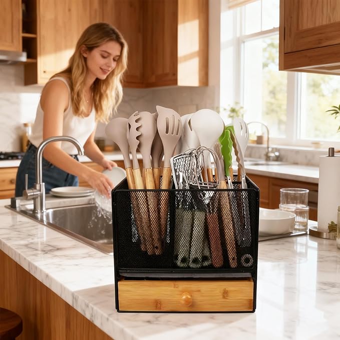 Kitchen Utensil Holder Countertop, Extra Large Utensil Organizer with Drawer, 2-In-1 Utensil & Silverware Holder for Countertop, Kitchen Organizer for Cookware Flatware, with Quick Dry Diatomite Pad
