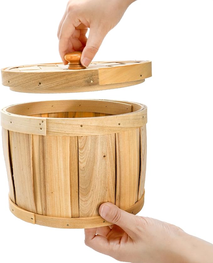 Lawei Set of 2 Round Woven Storage Baskets with Lids, Natural Woodchip Handmade Snack Fruit Organizer Bin for Kitchen, Small Wooden Decorative Box Empty Gift Containers for Shelf, Home, Bathroom Decor