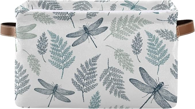 susiyo Large Foldable Storage Bin Fern Botanical Dragonfly Fabric Storage Baskets Collapsible Decorative Baskets Organizing Basket Bin with PU Handles for Shelves Home Closet Bedroom Living Room-1Pack