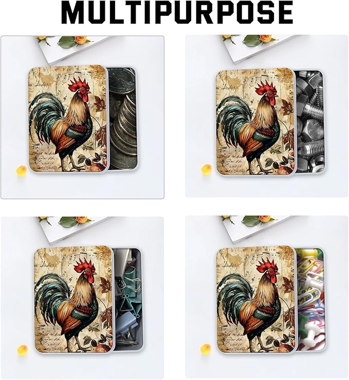 Metal Tin Box with Lid,Multi-functional Storage Box Can Store Tea Biscuits Game Cards, Playing & Tarot Cards-Comes with 4 Magnetic Cord Clips,Vintage Rooster Art